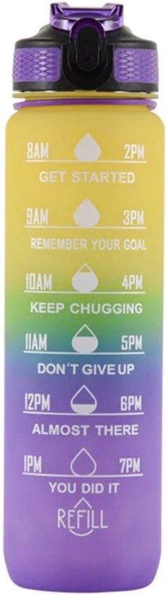 AQUAFA Drinkfles Met Rietje - Motiverende Tijd Marker -1 Liter - BPA-Vrij - Lekvrij -Koolzuurhoudend - Waterfles perfect voor school, Office, Sporten, Fietsen (Geel-Roze)