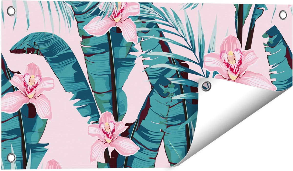 Gards Tuinposter Tropische Roze Zomer Bloemen met Bladeren - 60x30 cm - Tuindoek - Tuindecoratie - Wanddecoratie buiten - Tuinschilderij Multikleur
