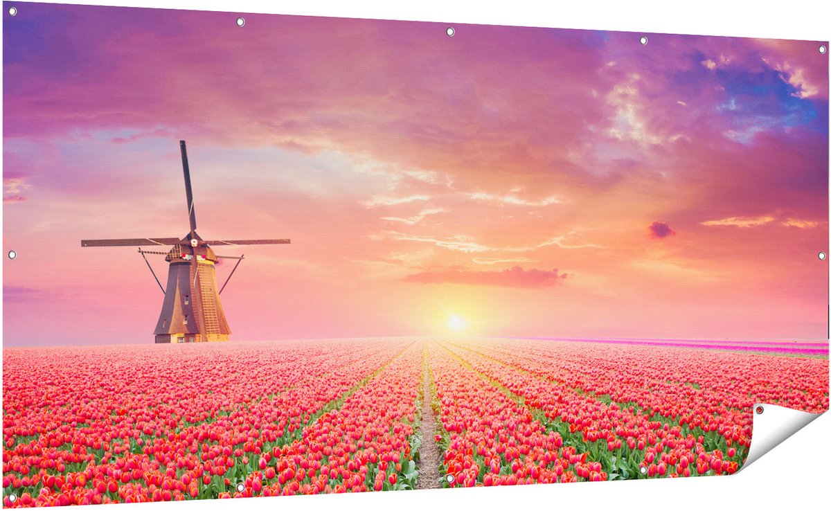 Gards Tuinposter Rode Rozen Bloemenveld met een Windmolen - 200x100 cm - Tuindoek - Tuindecoratie - Wanddecoratie buiten - Tuinschilderij Multikleur