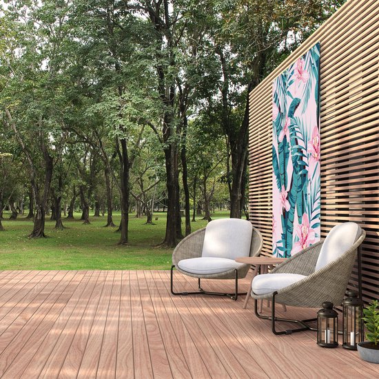 Gards Affiche de jardin Tropical Pink Summer Fleurs with Leaves - 120x180 cm - Toile jardin - Décoration de jardin - Décoration murale extérieur - Tableau jardin