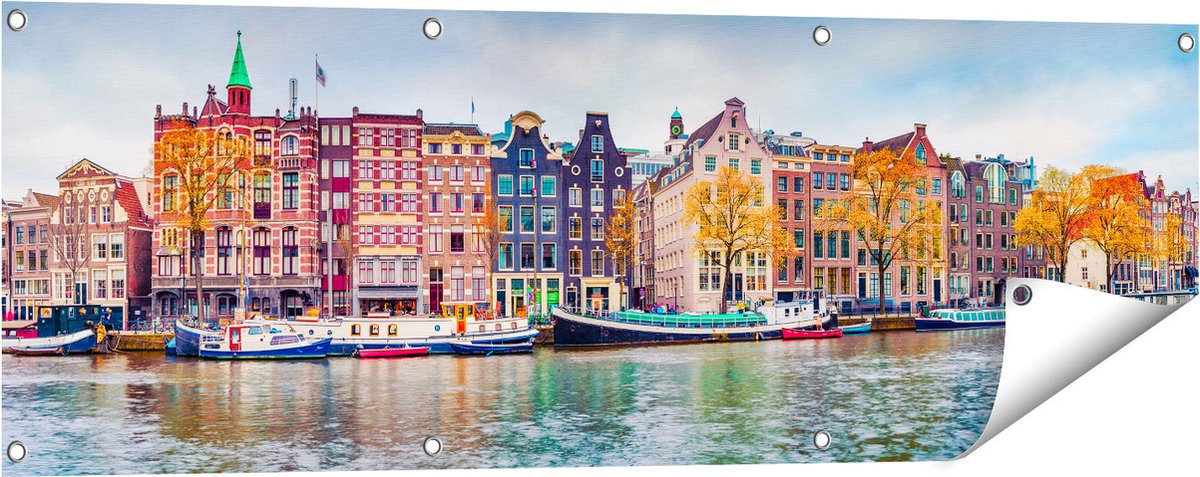 Gards Tuinposter Amsterdamse Huisjes vanaf de Gracht - 120x40 cm - Tuindoek - Tuindecoratie - Wanddecoratie buiten - Tuinschilderij Multikleur