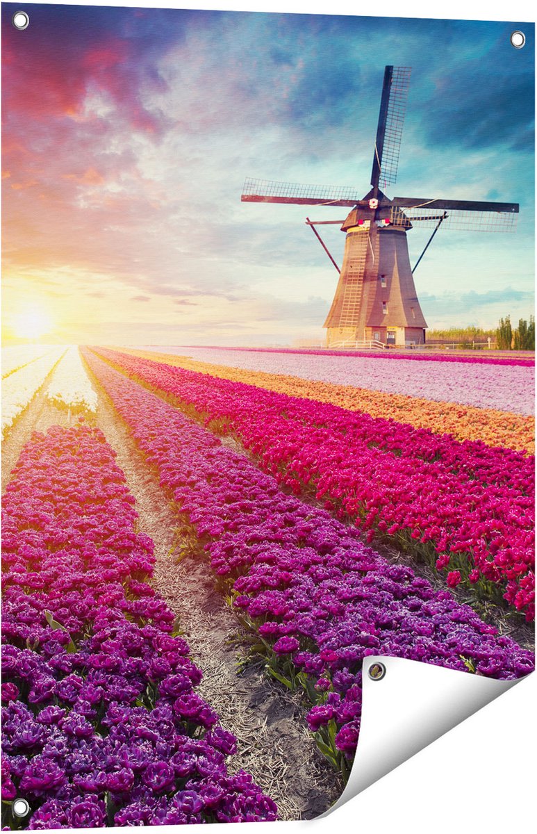 Gards Tuinposter Kleurrijke Tulpen Bloemenveld - Windmolen - 60x80 cm - Tuindoek - Tuindecoratie - Wanddecoratie buiten - Tuinschilderij Multikleur