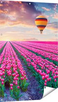 Gards Poster de jardin Champ de fleurs avec tulipes roses - Montgolfière - 80x120 cm - Toile de jardin - Décoration de jardin - Décoration murale extérieure - Peinture de jardin