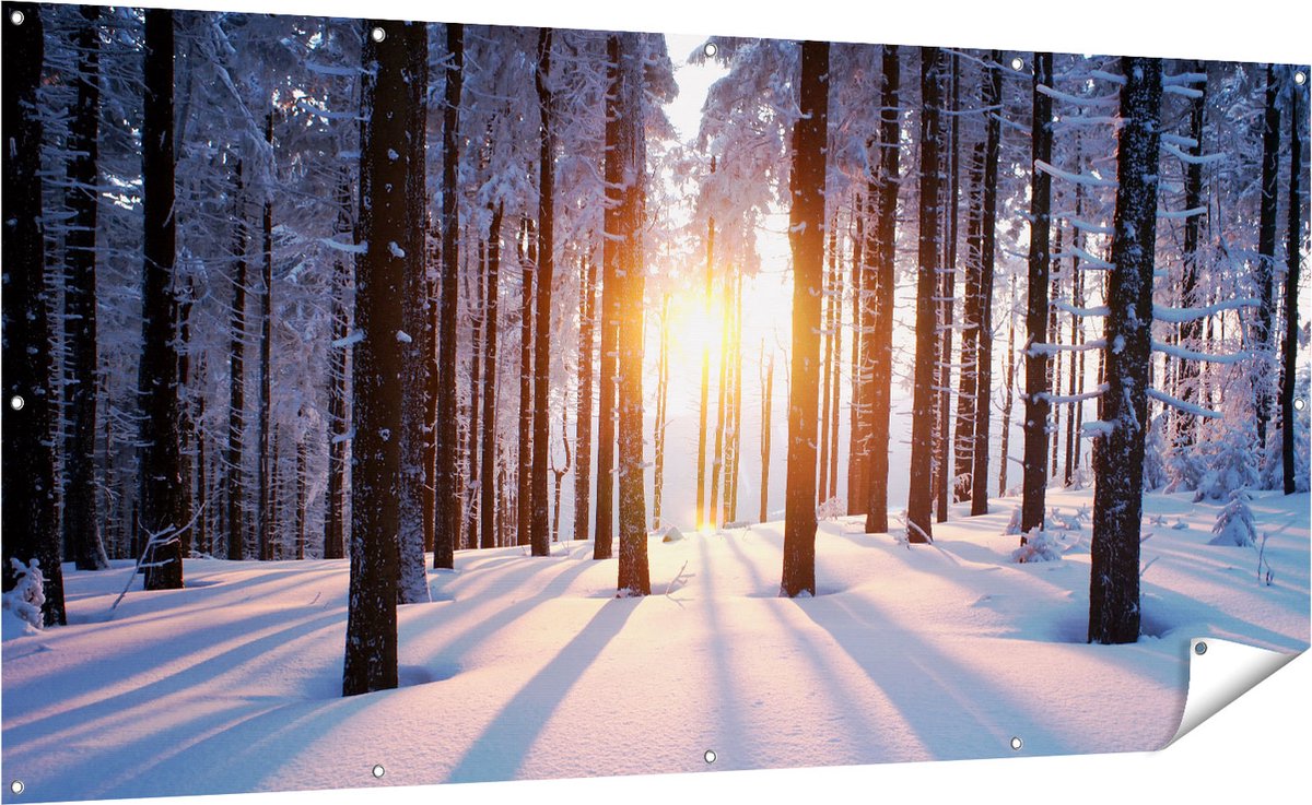 Gards Tuinposter Bos met Sneeuw tijdens de Zonsondergang - 200x100 cm - Tuindoek - Tuindecoratie - Wanddecoratie buiten - Tuinschilderij Multikleur