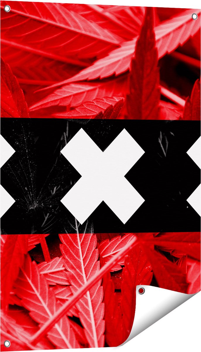 Gards Tuinposter Amsterdamse Vlag met Cannabis Achtergrond - 60x90 cm - Tuindoek - Tuindecoratie - Wanddecoratie buiten - Tuinschilderij Multikleur