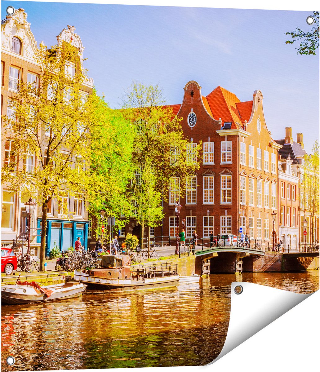 Gards Tuinposter Amsterdamse Gracht tijdens Zonsondergang - 70x70 cm - Tuindoek - Tuindecoratie - Wanddecoratie buiten - Tuinschilderij Multikleur