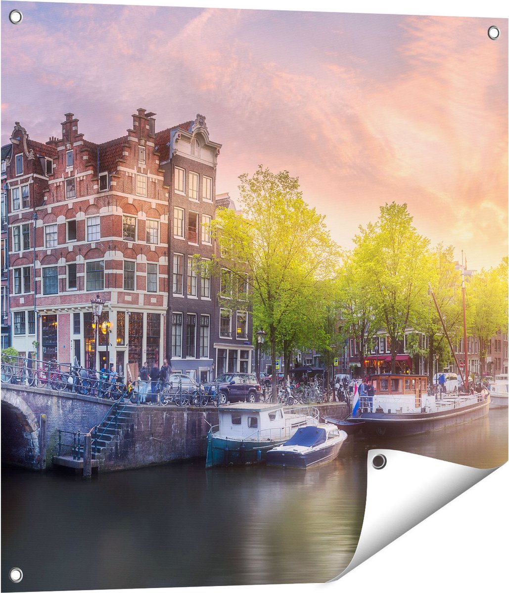 Gards Tuinposter Amsterdamse Grachten - 70x70 cm - Tuindoek - Tuindecoratie - Wanddecoratie buiten - Tuinschilderij Multikleur