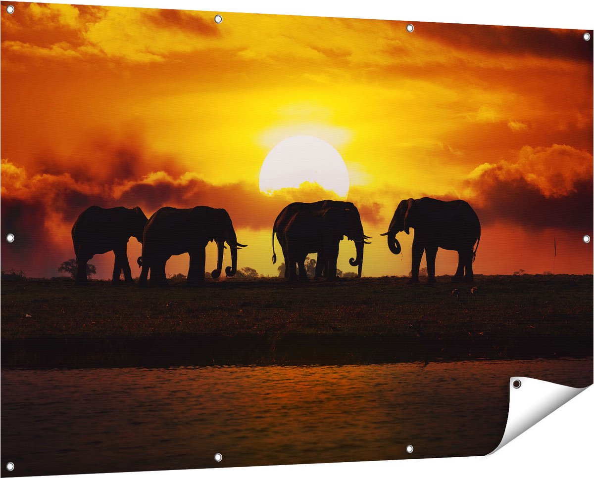 Gards Tuinposter Silhouet Olifanten tijdens Zonsondergang - 150x100 cm - Tuindoek - Tuindecoratie - Wanddecoratie buiten - Tuinschilderij Multikleur