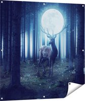 Gards Tuinposter Hert in het Bos tijdens Volle Maan - 100x100 cm - Tuindoek - Tuindecoratie - Wanddecoratie buiten - Tuinschilderij