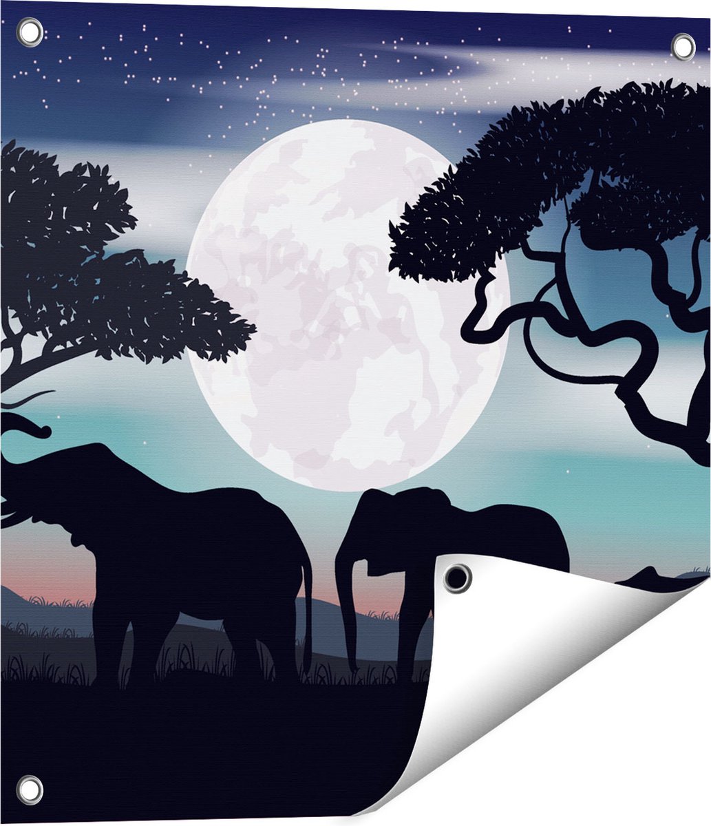 Gards Tuinposter Olifanten Silhouet tijdens Volle Maan - 50x50 cm - Tuindoek - Tuindecoratie - Wanddecoratie buiten - Tuinschilderij Multikleur