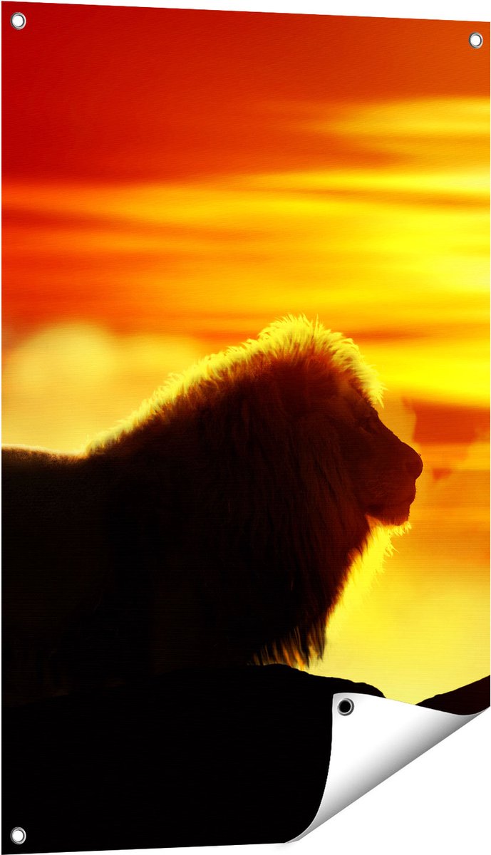 Gards Tuinposter Leeuw en Tijger - Silhouet - Zonsopkomst - 60x90 cm - Tuindoek - Tuindecoratie - Wanddecoratie buiten - Tuinschilderij Multikleur