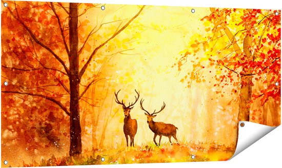 Gards Tuinposter Getekende Herten in het Bos - Herfst - 140x70 cm - Tuindoek - Tuindecoratie - Wanddecoratie buiten - Tuinschilderij