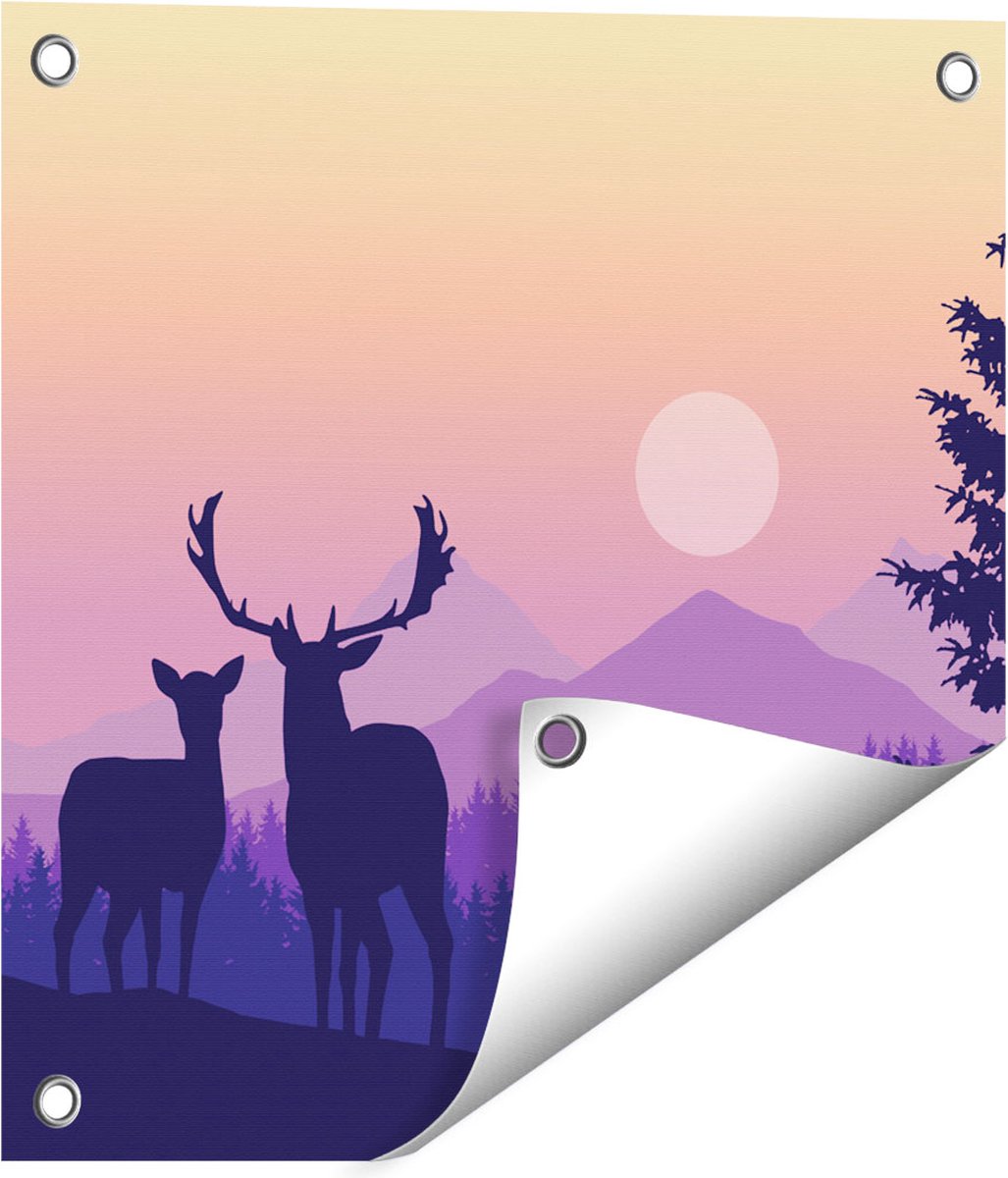 Gards Tuinposter Twee Herten - Zonsondergang - Silhouet - 40x40 cm - Tuindoek - Tuindecoratie - Wanddecoratie buiten - Tuinschilderij Multikleur