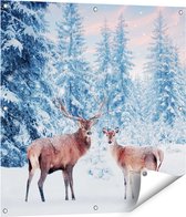 Gards Tuinposter Twee Herten in het Bos met Sneeuw - 80x80 cm - Tuindoek - Tuindecoratie - Wanddecoratie buiten - Tuinschilderij