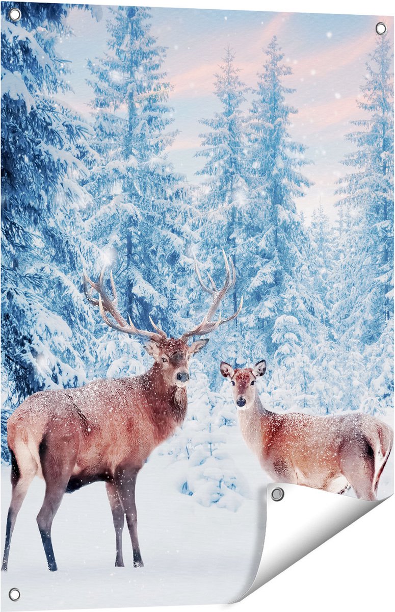 Gards Tuinposter Twee Herten in het Bos met Sneeuw - 60x80 cm - Tuindoek - Tuindecoratie - Wanddecoratie buiten - Tuinschilderij Multikleur
