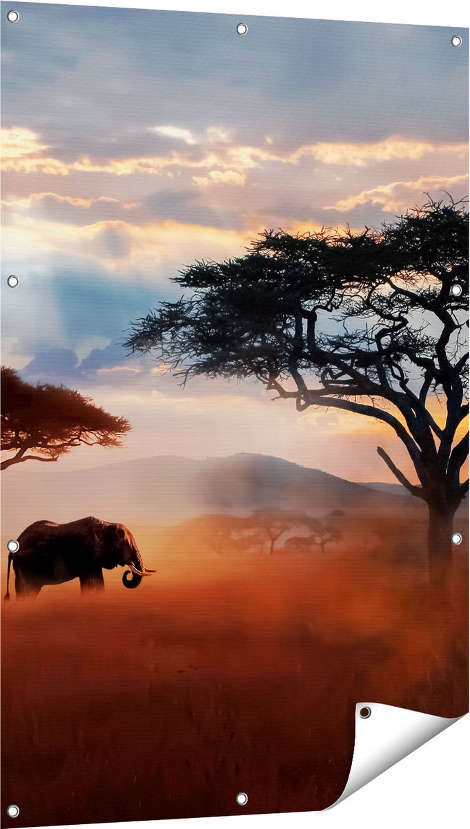 Gards Tuinposter Olifant in het Wild - Savanne - 80x120 cm - Tuindoek - Tuindecoratie - Wanddecoratie buiten - Tuinschilderij Multikleur