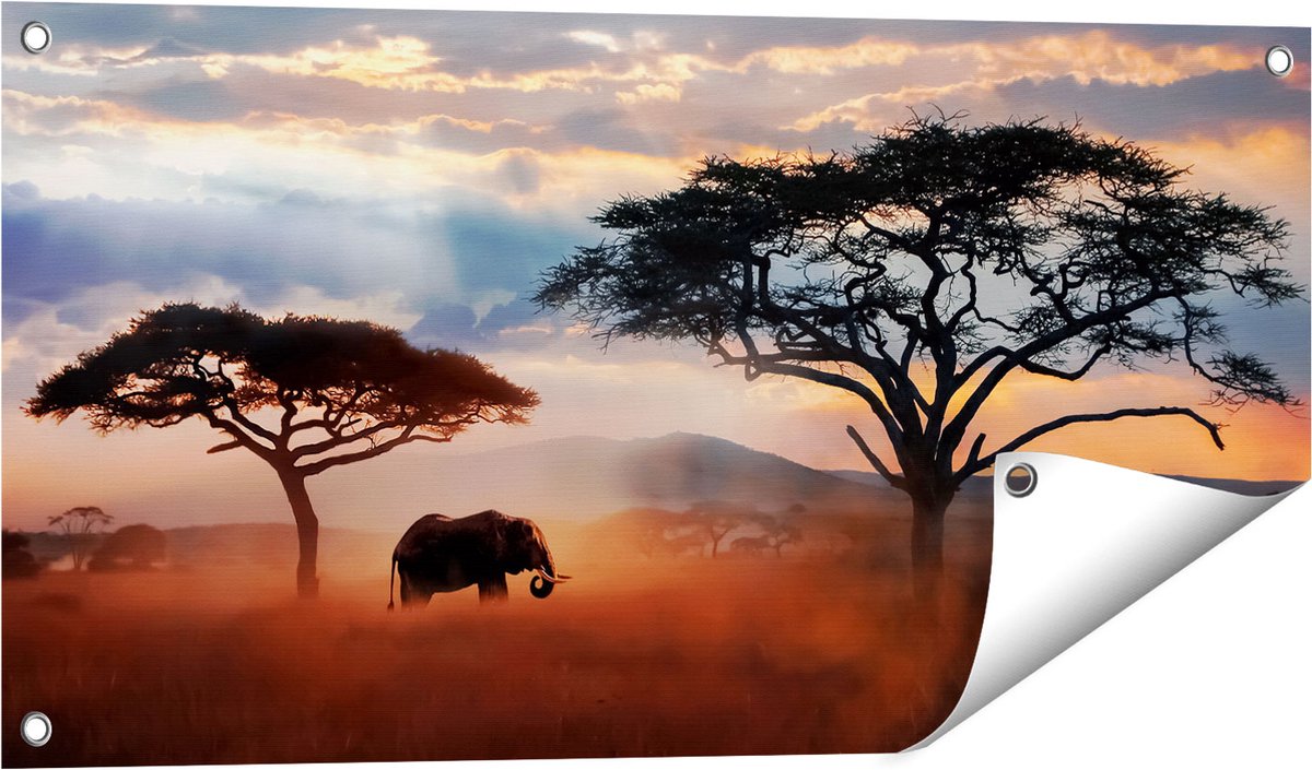 Gards Tuinposter Olifant in het Wild - Savanne - 80x40 cm - Tuindoek - Tuindecoratie - Wanddecoratie buiten - Tuinschilderij Multikleur
