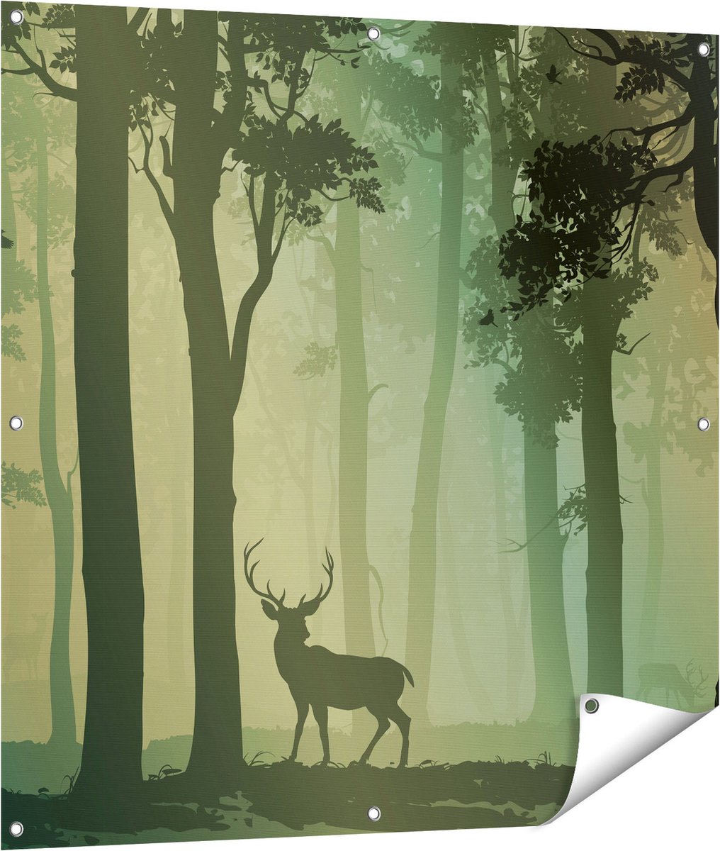 Gards Tuinposter Hert in het Bos - Silhouet - 100x100 cm - Tuindoek - Tuindecoratie - Wanddecoratie buiten - Tuinschilderij Multikleur