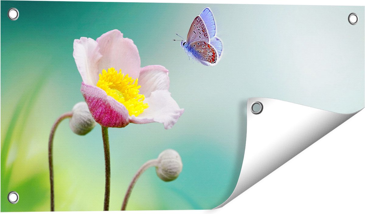 Gards Tuinposter Roze Anemoon Bloem met een Blauwe Vlinder - 60x30 cm - Tuindoek - Tuindecoratie - Wanddecoratie buiten - Tuinschilderij Multikleur
