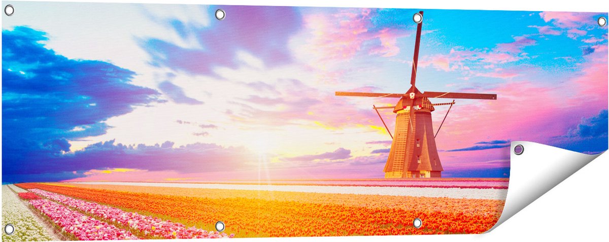 Gards Tuinposter Kleurrijke Bloemenveld met een Windmolen - 120x40 cm - Tuindoek - Tuindecoratie - Wanddecoratie buiten - Tuinschilderij Multikleur