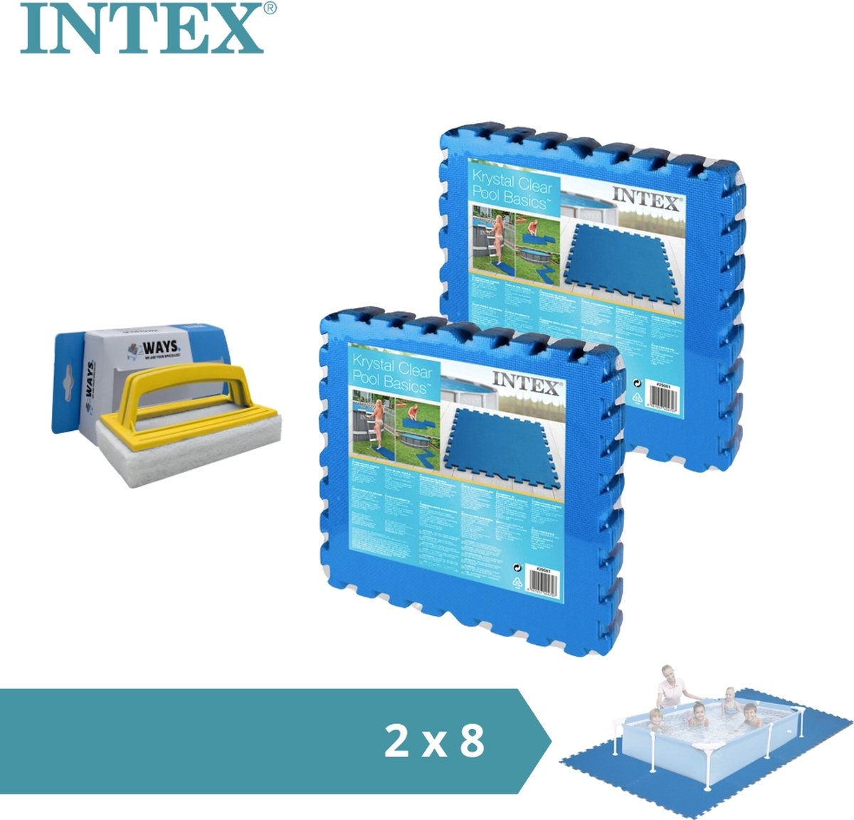 Intex - Zwembadtegels - 2 verpakkingen van 8 tegels - 4m² & WAYS scrubborstel