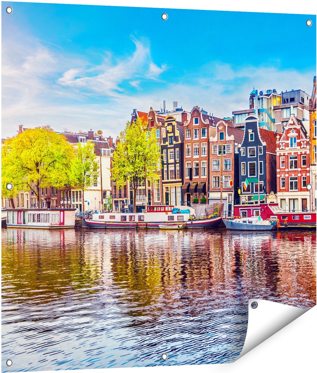 Gards Tuinposter Amsterdamse Huisjes aan het Water - 90x90 cm - Tuindoek - Tuindecoratie - Wanddecoratie buiten - Tuinschilderij Multikleur