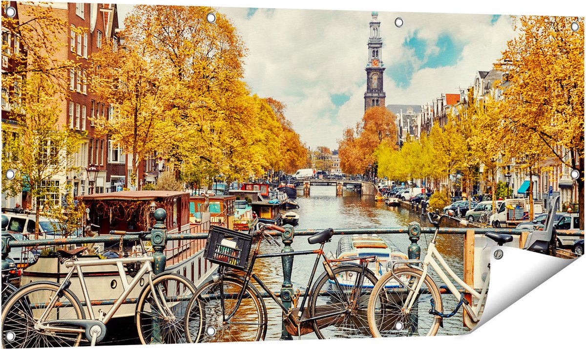 Gards Tuinposter Amsterdamse Brug bij een Brug met Fietsen - 120x60 cm - Tuindoek - Tuindecoratie - Wanddecoratie buiten - Tuinschilderij Multikleur