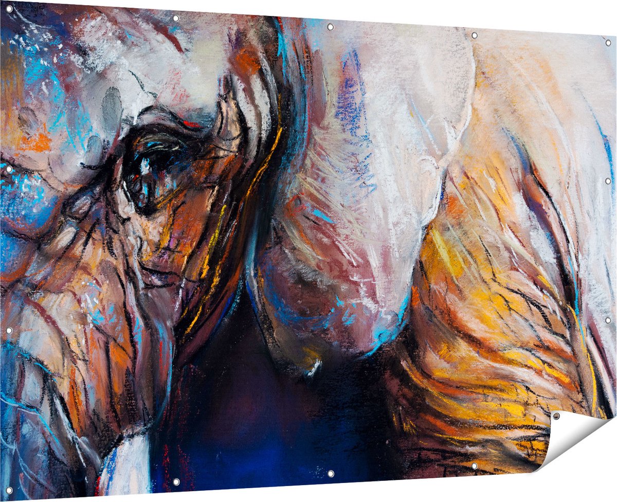 Gards Tuinposter Getekende Olifant van Dichtbij - Abstract - 180x120 cm - Tuindoek - Tuindecoratie - Wanddecoratie buiten - Tuinschilderij Multikleur