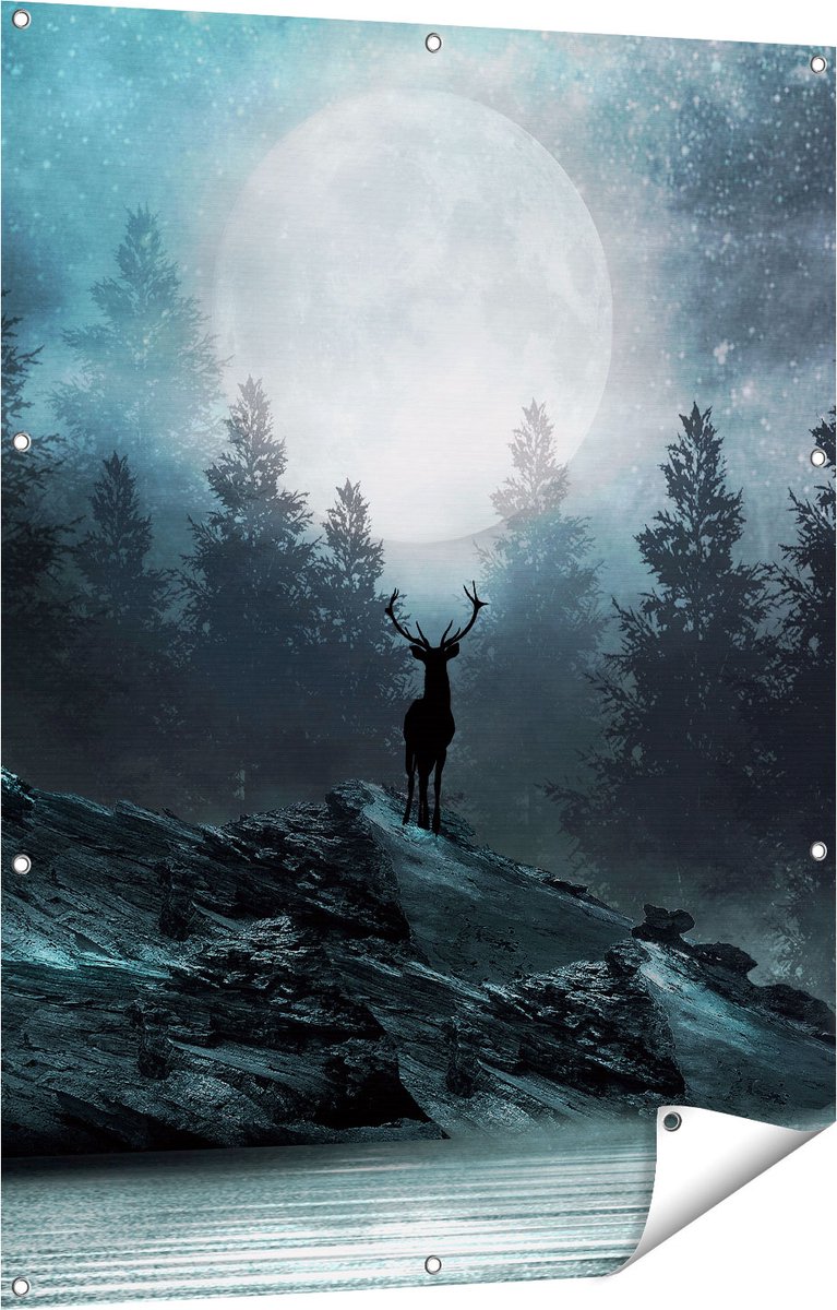 Gards Tuinposter Hert op een Rots tijdens Volle Maan - 90x120 cm - Tuindoek - Tuindecoratie - Wanddecoratie buiten - Tuinschilderij Multikleur