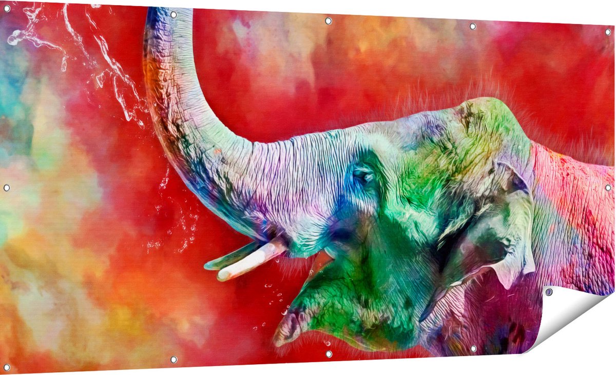 Gards Tuinposter Getekende Vrolijke Olifant - Abstract - 180x90 cm - Tuindoek - Tuindecoratie - Wanddecoratie buiten - Tuinschilderij Multikleur