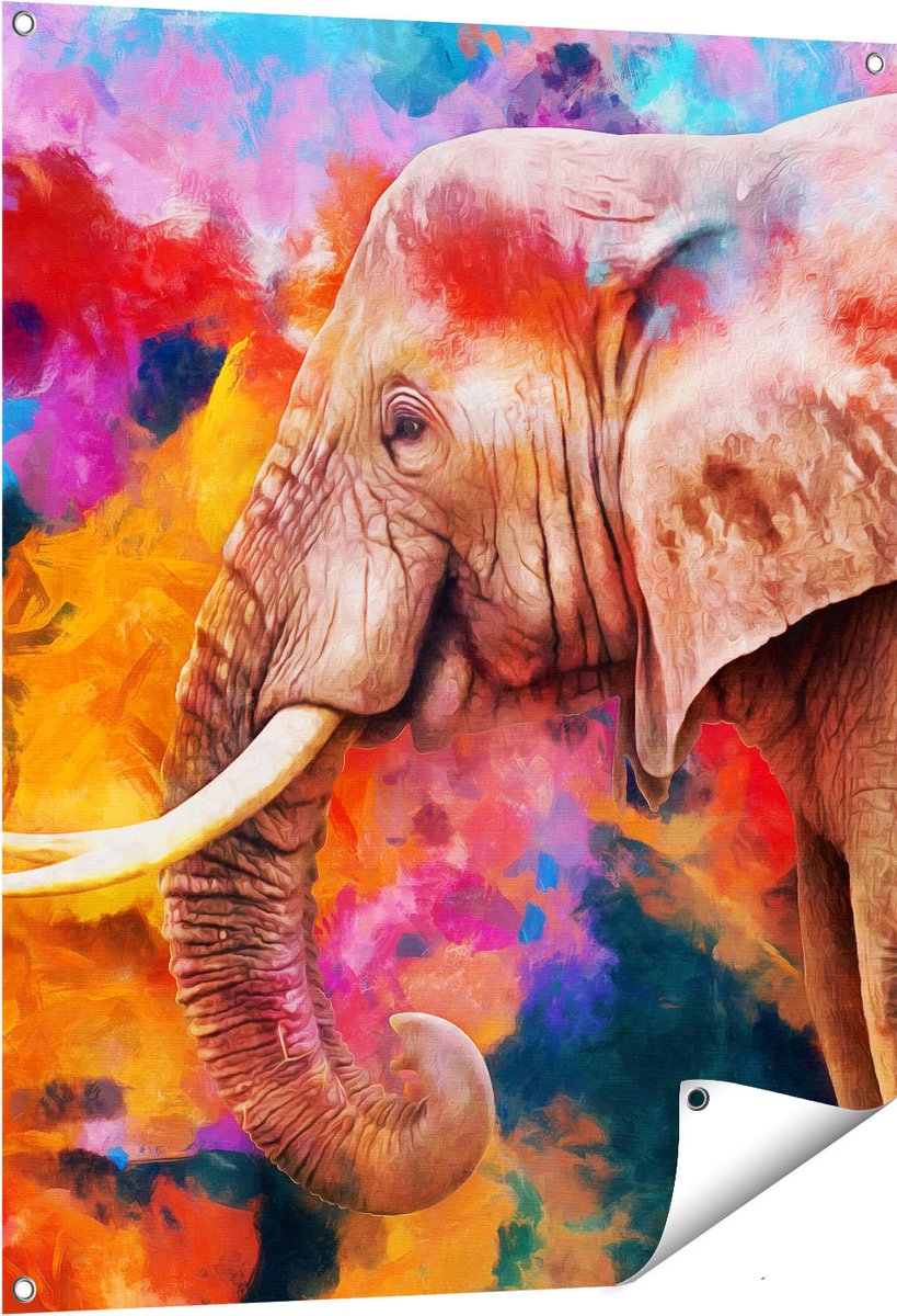 Gards Tuinposter Kleurrijke Olifant - Abstract - 80x100 cm - Tuindoek - Tuindecoratie - Wanddecoratie buiten - Tuinschilderij Multikleur
