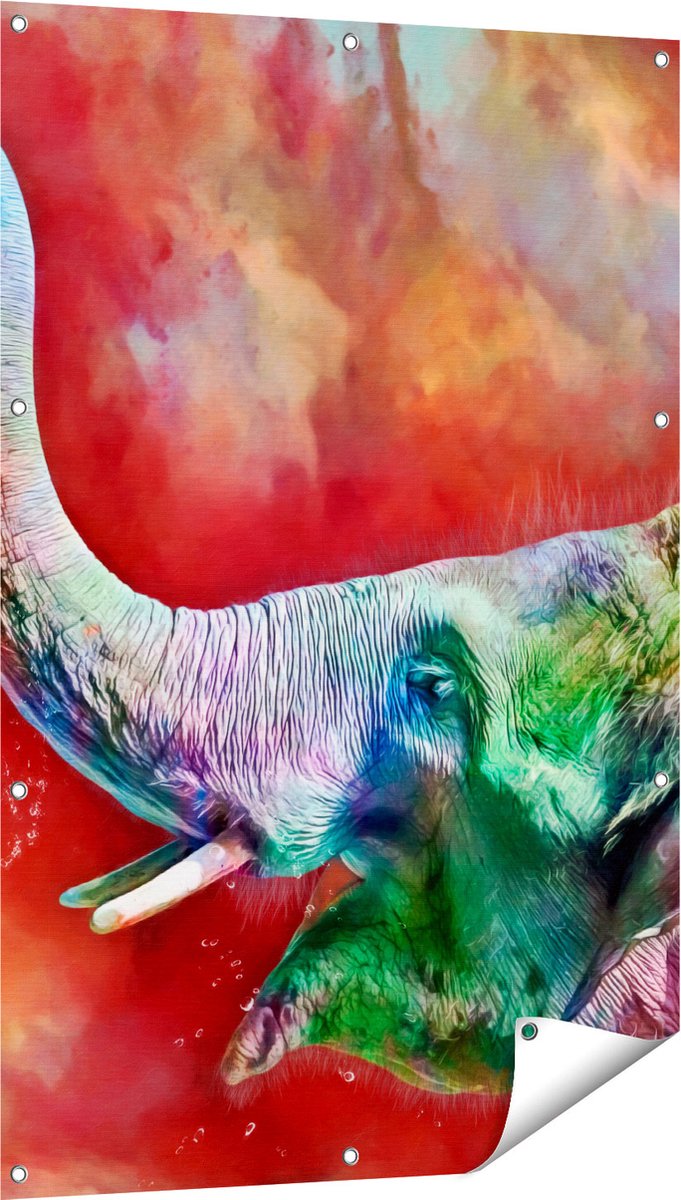 Gards Tuinposter Getekende Vrolijke Olifant - Abstract - 80x120 cm - Tuindoek - Tuindecoratie - Wanddecoratie buiten - Tuinschilderij Multikleur