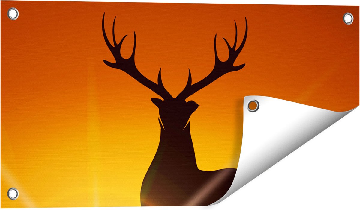 Gards Tuinposter Hert op een Berg - Abstract - Silhouet - 60x30 cm - Tuindoek - Tuindecoratie - Wanddecoratie buiten - Tuinschilderij Multikleur