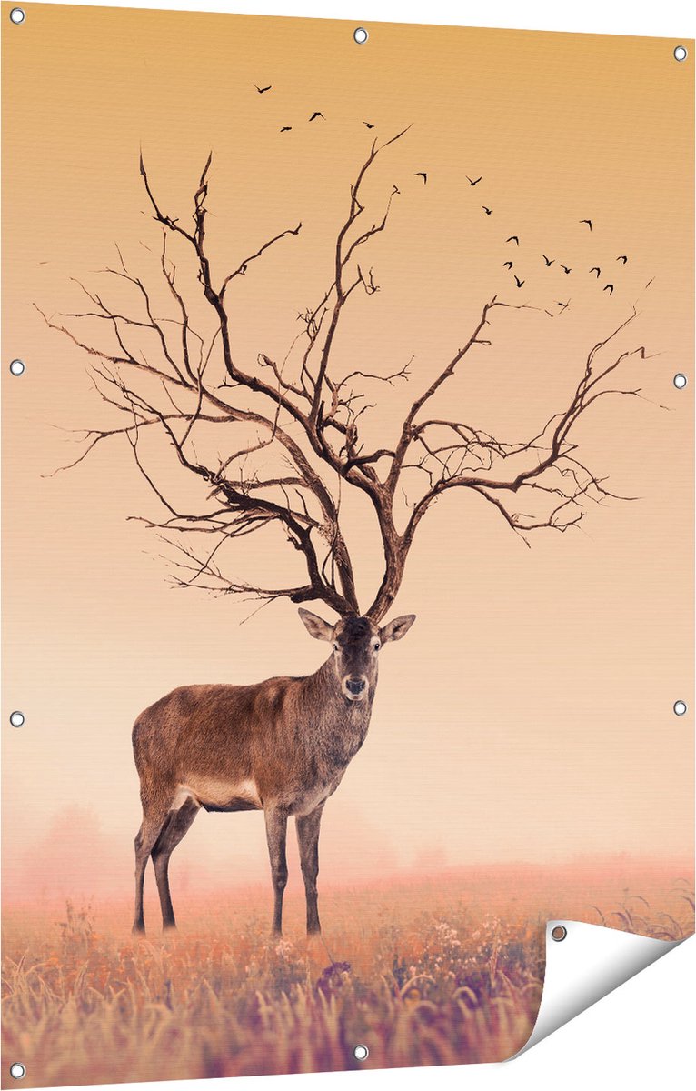 Gards Tuinposter Hert met een Bomen Gewei - 90x120 cm - Tuindoek - Tuindecoratie - Wanddecoratie buiten - Tuinschilderij Multikleur