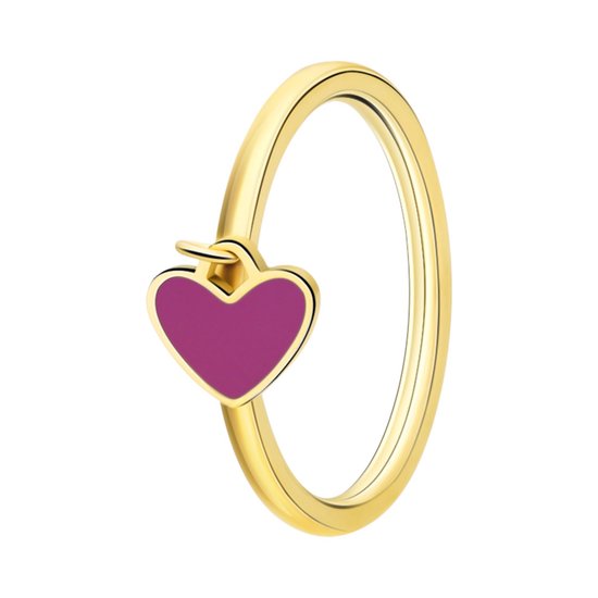 Lucardi Kinder Stalen goldplated ring met hart emaille fuchsia - Ring - Staal - Goudkleurig - 15 / 47 mm