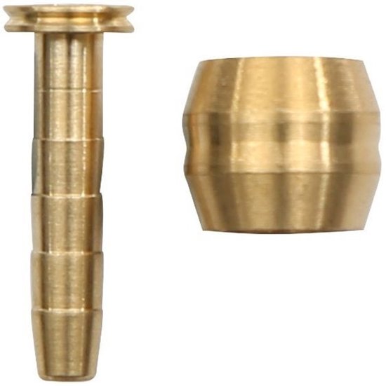Messing hydraulische slangonderdelen: een sluitring en een nippel met ribbelige buis.