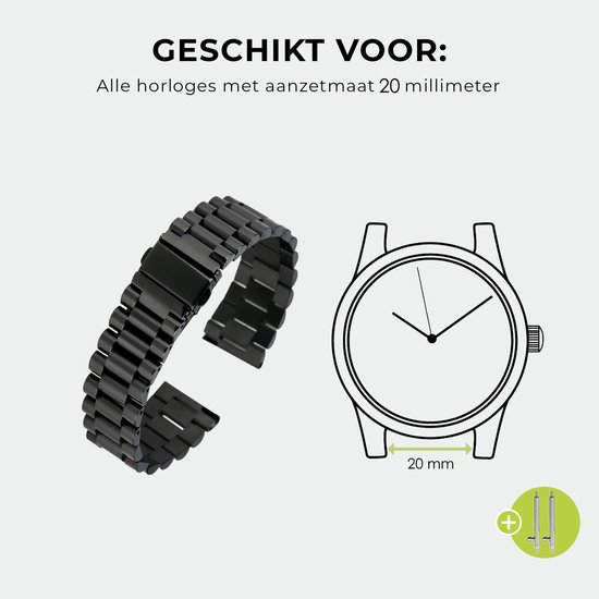 Zwarte metalen horlogeband met schakels, geschikt voor horloges met een aansluitmaat van 20 mm.