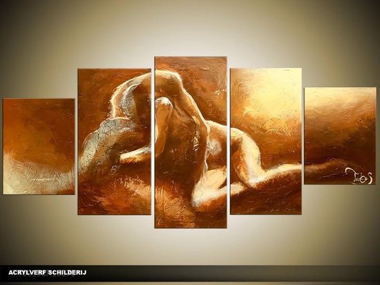 Schilderij -  Kunst, Sexy - Naakte Vrouw - Bruin, Crème - 150x70cm 5Luik - GroepArt - Handgeschilderd Schilderij - Canvas Schilderij - Wanddecoratie - Woonkamer - Slaapkamer - Geschilderd Door Onze Kunstenaars 2000+Collectie Maatwerk Mogelijk