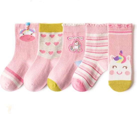 Baby Berliée - 5 Paar Schattige Baby Sokken - Roze - Unicorn - 1-3 jaar