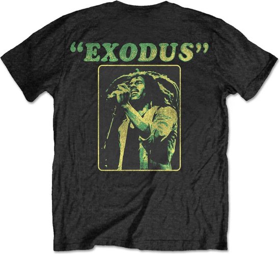 Zwart T-shirt met "Exodus" en een afbeelding van Bob Marley zingend.