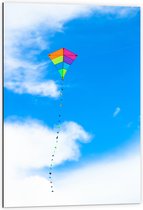 Dibond - Foto van Kleurrijke Vlieger onder Schapenwolken - 60x90 cm Foto op Aluminium (Wanddecoratie van metaal)