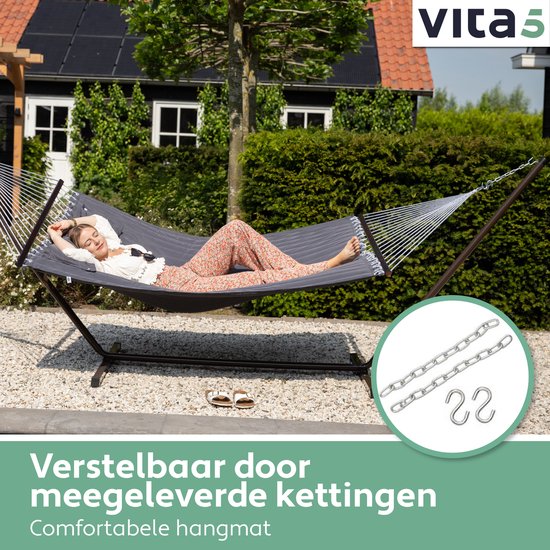 Vita5 Hangmat met Standaard 2 Persoons - Hangmatsets - Tuin Hangmat met Spreidstok en Frame - Donker Grijs - UV-bestendig - Draaggewicht Tot 200 kg - Vita5