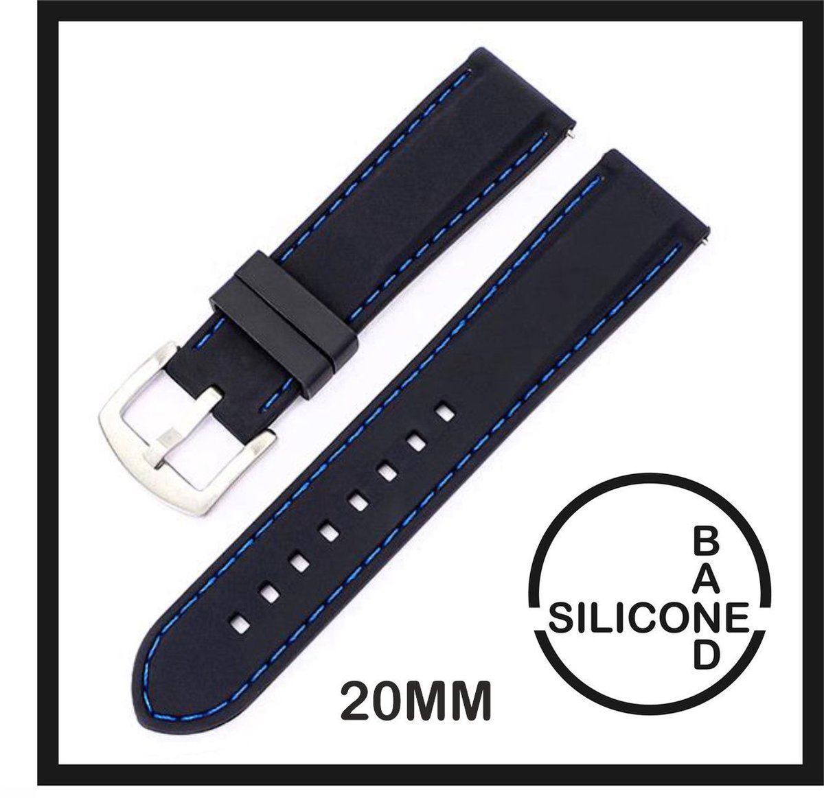 20mm Rubber Siliconen horlogeband zwart met blauwe stiksels passend op o.a Casio Seiko Citizen en alle andere merken - 20 mm Bandje - Horlogebandje horlogeband