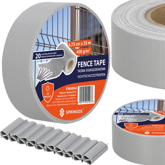 Grijze PVC vlechtband voor tuinafsluiting, 4,75 cm x 35 m, 450 g/m², met 20 montageclips.
