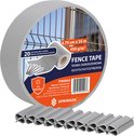 Rol grijze vlechtband met de tekst 'FENCE TAPE' en '20 mounting clips included', met klemmen ernaast.