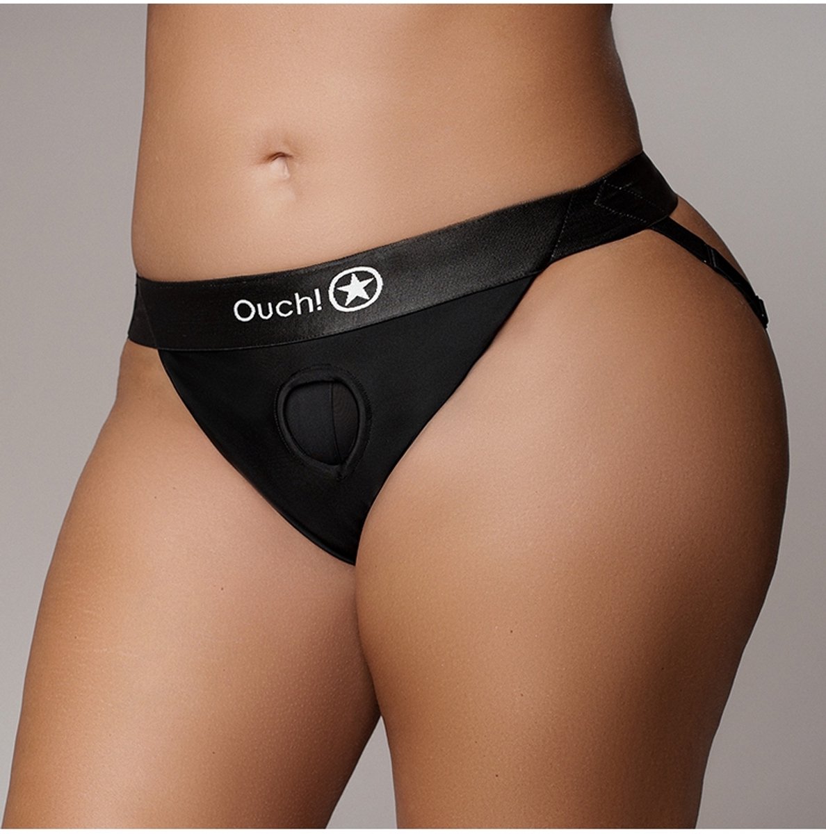 Shots - Ouch! OU831BLKXLXXL1 - Vibrating Strap-on Panty Harness, Open Back - Black - XL/XXL