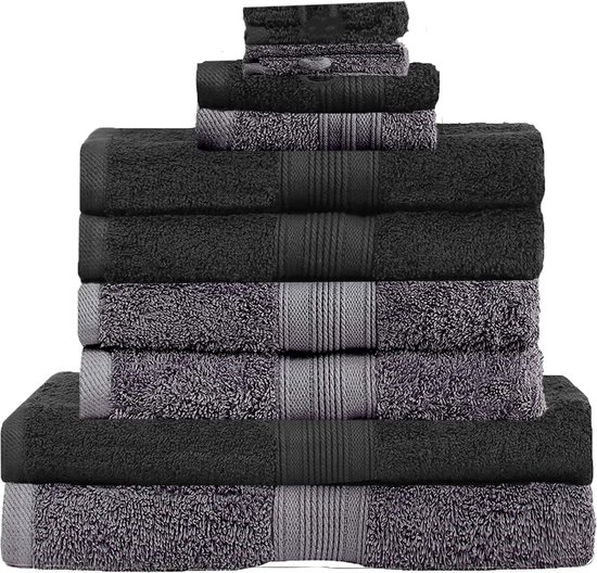 Textiel 10-delige badkamer handdoekenset met wisselmatjes 4x handdoeken, 2x douchehanddoeken, 2x gastendoekjes, 2x washandjes, 10-delige badkamer handdoekenset, antraciet/zwart