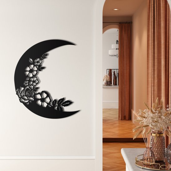 Wanddecoratie | Maan / Moon | Metal - Wall Art | Muurdecoratie | Woonkamer | Buiten Decor |Zwart| 38x45cm