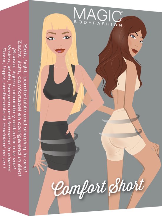 Doos met illustraties van twee vrouwen, een met zwarte en een met beige 'Comfort Short'.