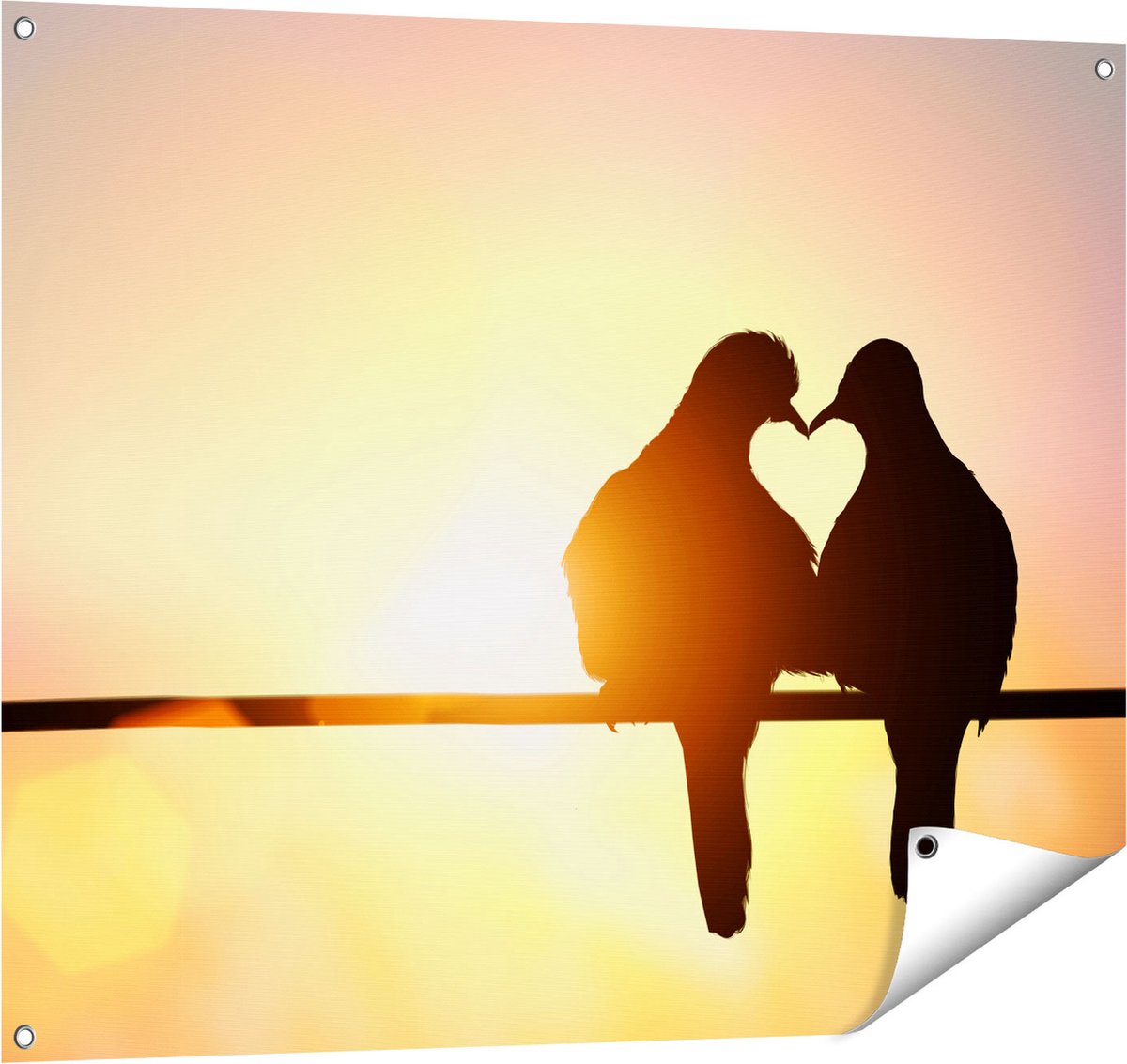 Gards Tuinposter Twee Silhouet Vogels in een Hart Vorm - 100x80 cm - Tuindoek - Tuindecoratie - Wanddecoratie buiten - Tuinschilderij Multikleur